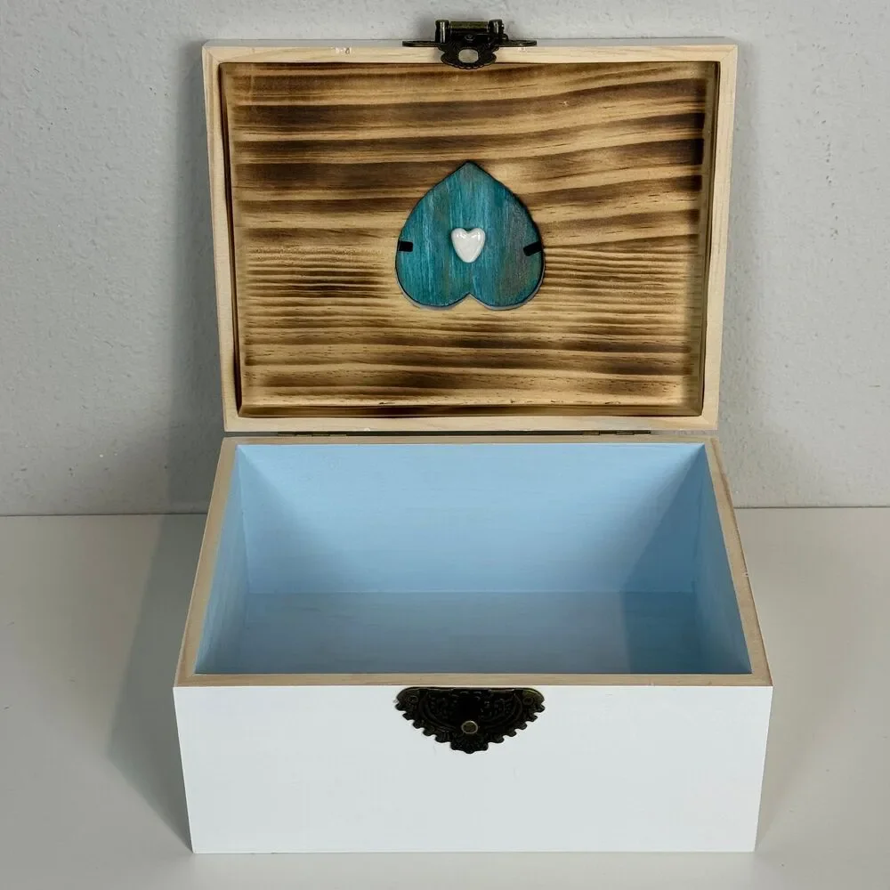 Hand-painted Wood-burned Heart White Jewelry Keepsake Box 8.5x6.5x4.5 White
